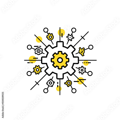 Isolated gear represents interconnectedness via network lines on white