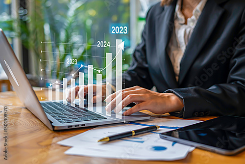 Professional Business Scene Hands Typing on Laptop with Holographic Financial Growth Charts (2023–2025), Cool Blue Corporate Aesthetic