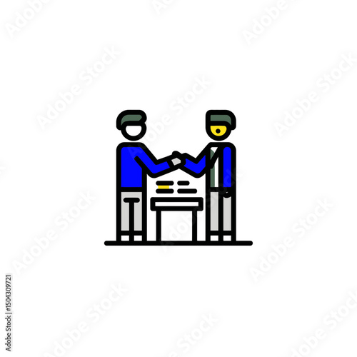 Partners closing agreeement shaking hands indoors illustration