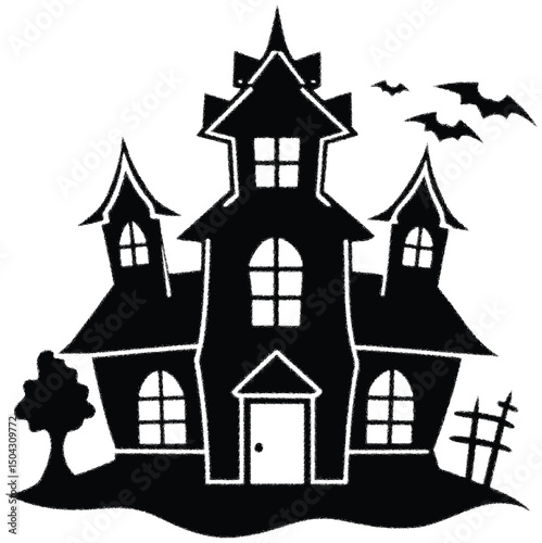 Vector cartoon illustration of a hunted old house, castle, or building in a town or village with a medieval tower silhouette design