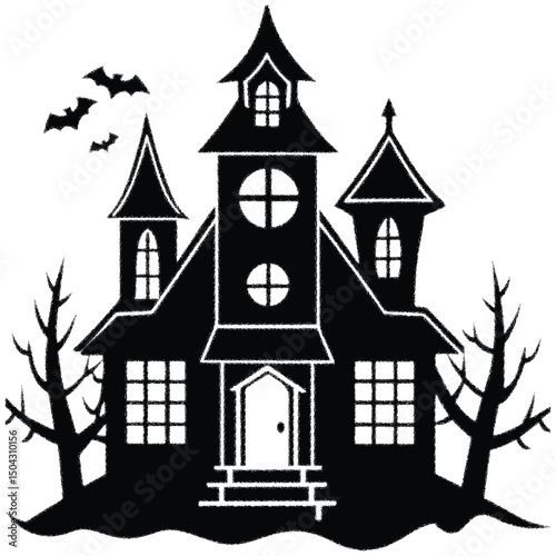 Vector cartoon illustration of a hunted old house, castle, or building in a town or village with a medieval tower silhouette design