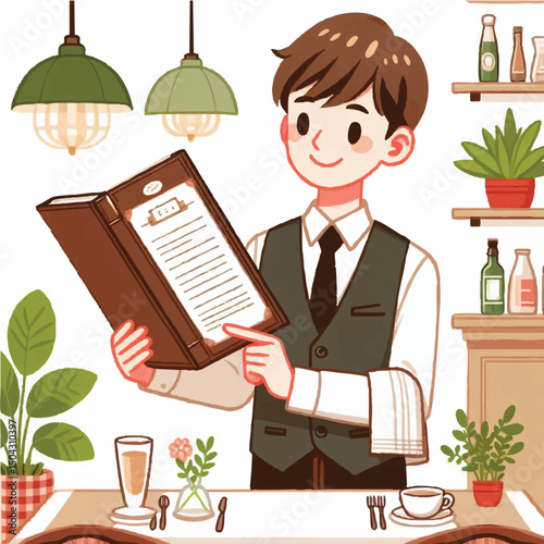 a restaurant waiter is bringing a menu book to a customer