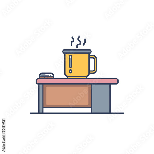 Steaming mug rests tabletop office workspace minimalist illustration