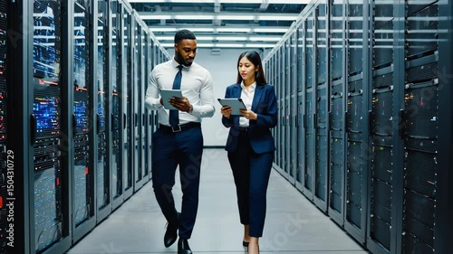 In a Modern Data Center, Black Male Data Scientist and Female AI Specialist Analyze Algorithms on a Tablet. motion video.