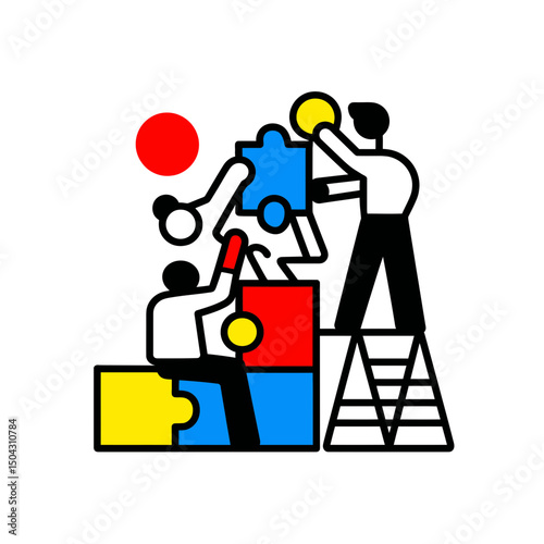 Teamwork assembles jigsaw in collaboration atop ladder illustration
