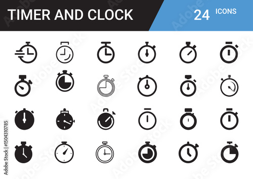 Time Management Icon Set: A comprehensive collection of clock and timer icons, presenting a variety of styles, meticulously arranged to help convey the concept of time, punctuality and precision.