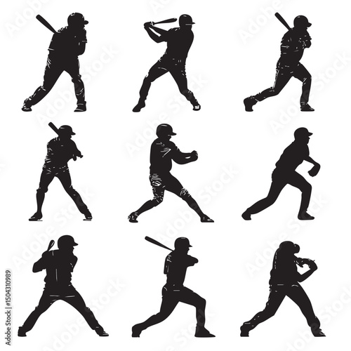 baseball player silhouette set, Black & White silhouette set