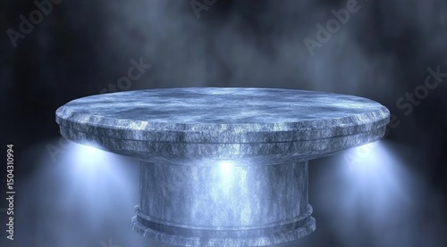 Circular stone pedestal illuminated by spotlights