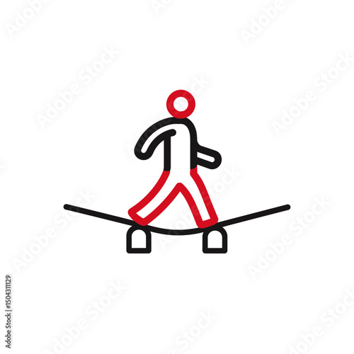 Red figure walks tightrope balance skill minimalist design