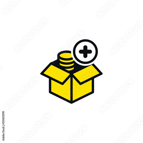 Stack coins deposit inside cardboard box on white background