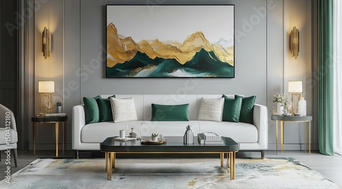 Modern living room with white sofa and gold accents.  A sophisticated space featuring a white sofa, gold accents, and emerald green accents