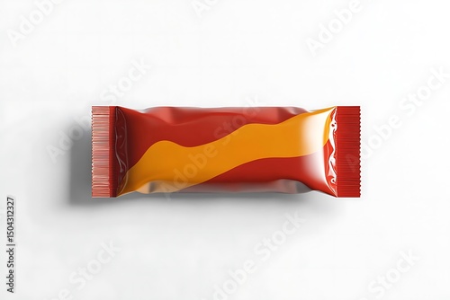 A single wrapped candy bar with red and orange packaging on a white surface from a high angle view