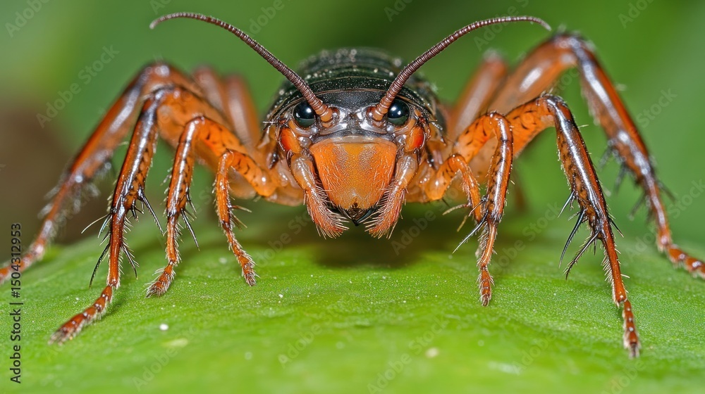 Fototapeta premium Close-up of a large, orange and black insect resembling a cricket or spider, perched on a green leaf.