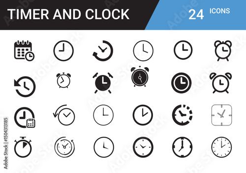 Timer and Clock Icons: A comprehensive set of 24 minimalist timer and clock icons, perfect for web design, app development, or any project needing time-related symbols.