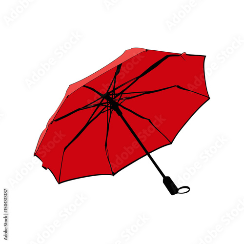 Opened red umbrella protects outdoors in flat white background