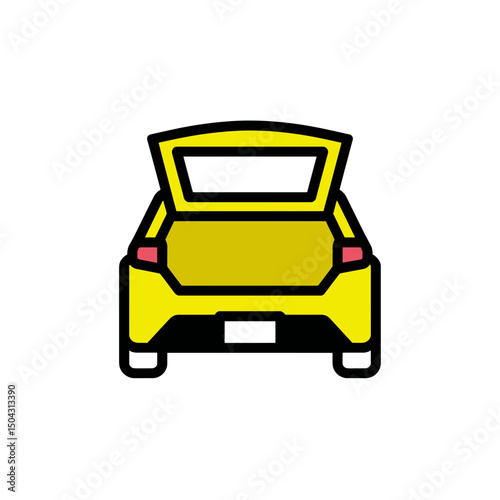 Yellow hatchback opens trunk on white isolated background view