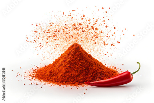 Vibrant Red Paprika Powder Explosion with Whole Chili Pepper on White Background
