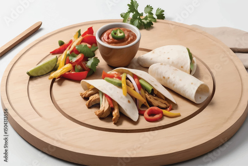 chicken fajita food on wooden plate isolated on white background