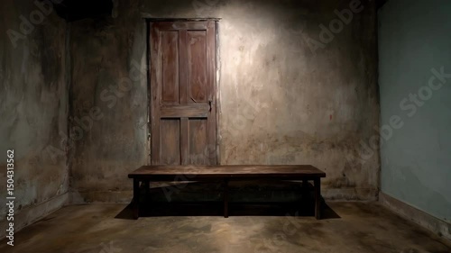 Wallpaper Mural Spooky weathered room with distressed wooden door and bench in the dim light of an empty space, abandoned building Torontodigital.ca