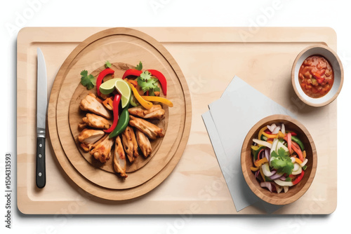 chicken fajita food on wooden plate isolated on white background