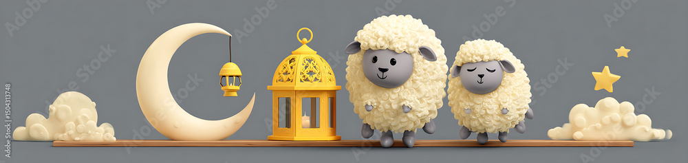 Obraz premium Cute cartoon sheep jumping beside Eid lantern with crescent moon isolated on white background