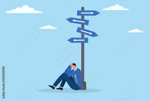 A vector illustration of a businessman struggling with frustration, uncertainty as he faces the challenge of choosing the right path in his career and life decisions
