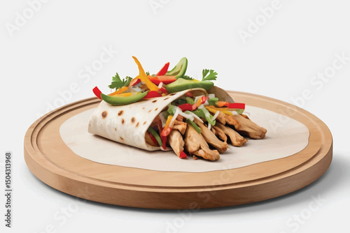chicken fajita food on wooden plate isolated on white background