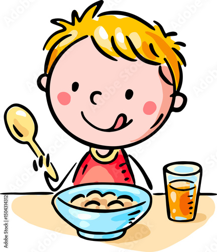 Cartoon kid eating porridge. Happy boy having breakfast. Child with plate of porridge and a spoon on the table