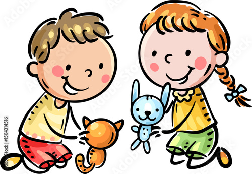 Cute little kids playing with toys. Cartoon illustration of two kindergarten children, activities clipart