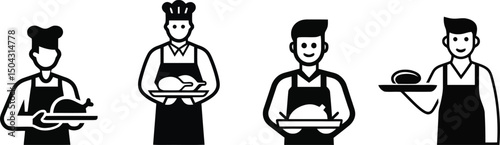 Vector silhouette of butcher holding meat tray on a plain white background

