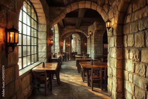Enchanting Medieval Tavern Interior: A Cozy Haven with Stone Walls, Warm Lantern Glow, and Friendly Atmosphere