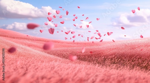 Romantic pink field with flying hearts