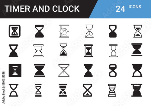 Time and Measurement: A selection of diverse hourglass and clock icons representing concepts of time, duration, and scheduling. These icons are versatile for various applications.
