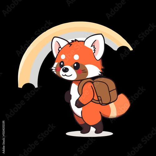 Red Panda's Adventure: An illustration of a cute red panda with a backpack under a rainbow, on its way to adventures, symbolizing positivity and journeys.