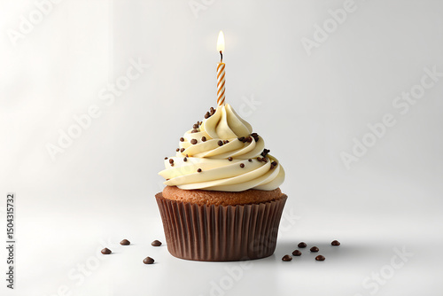 Chocolate Chip Cupcake with Swirled Vanilla Frosting and Lit Birthday Candle