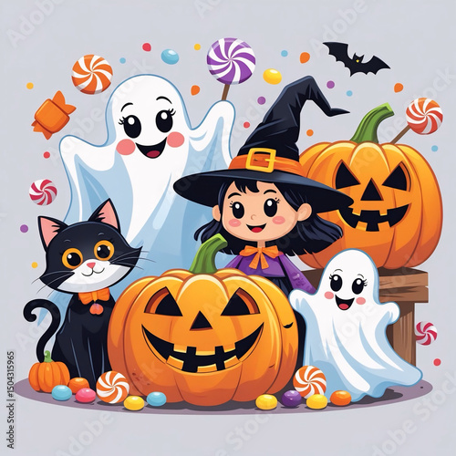 Cute Halloween Witch with Ghosts, Black Cat, and Pumpkins