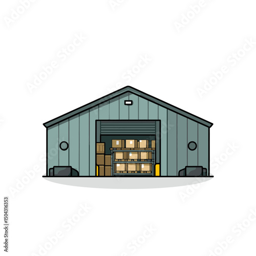 Warehouse stores cartons inside industrial loading dock illustration
