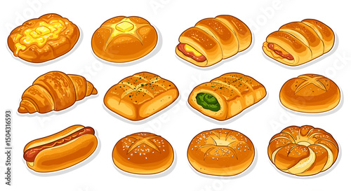 Various breads and rolls illustration