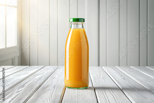 Fresh Orange Juice in Clear Glass Bottle with Green Cap on Wooden Table