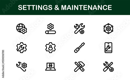 Essential Settings Icons. Sleek Vector Designs for Tools and Maintenance Interfaces