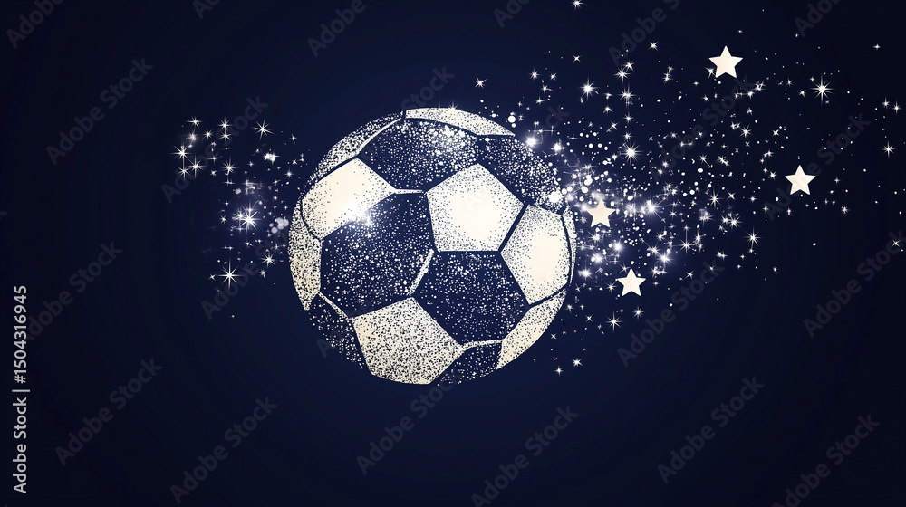 Naklejka premium A high-tech soccer ball, crafted from interconnected lines and glowing elements, moves across a starry, dark blue background filled with geometric shapes.