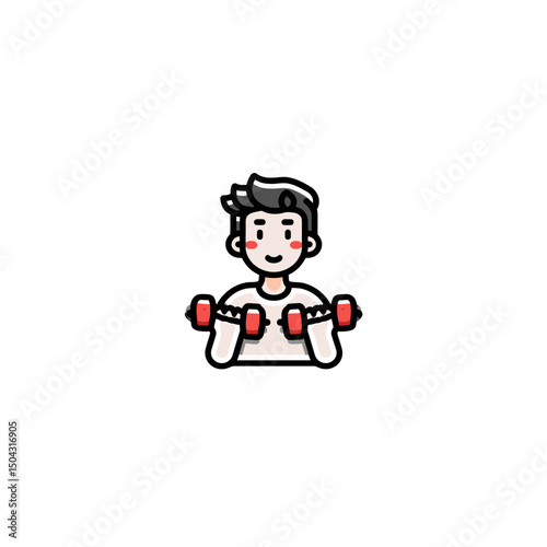 Cartoon man lifts dumbbells for exercise fitness workout