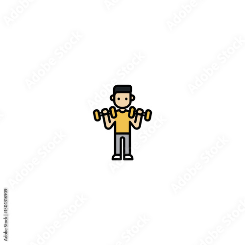Cartoon man lifts dumbbells during fitness training exercise