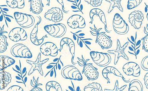 Hand drawn Italian Mediterranean seafood seamless pattern. Italy summer print, background with food, olive, oyster, shell, fruits. Coast sea blue elements for Italy menu, wedding, sketch. Vector illus