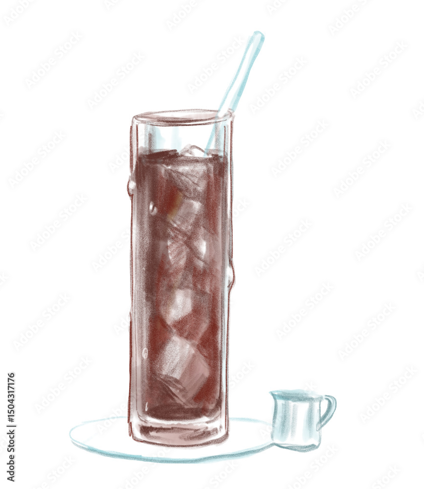 喫茶店の美味しそうな透き通ったロンググラスとアイスコーヒーの手描き水彩イラスト 喫茶店の美味しそうな透き通ったロンググラスとアイスコーヒーの手描き水彩イラスト