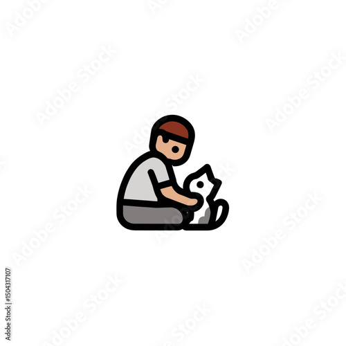 Boy pets friendly kitten indoors simple vector drawing