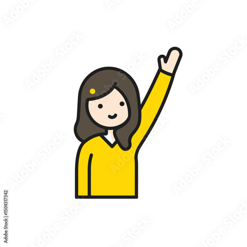Cartoon woman waves cheerfully in bright flat design scene