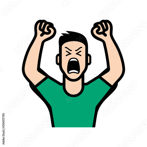 Angry man screams violently raising fists on white background