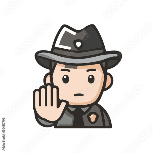 Stylized officer gesturing halting action indoors drawing flat