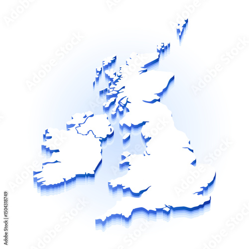 3D Isometric UK Map blue and white background